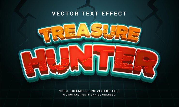 Vector efecto de texto 3d del cazador de tesoros, estilo de texto editable y adecuado para activos del juego