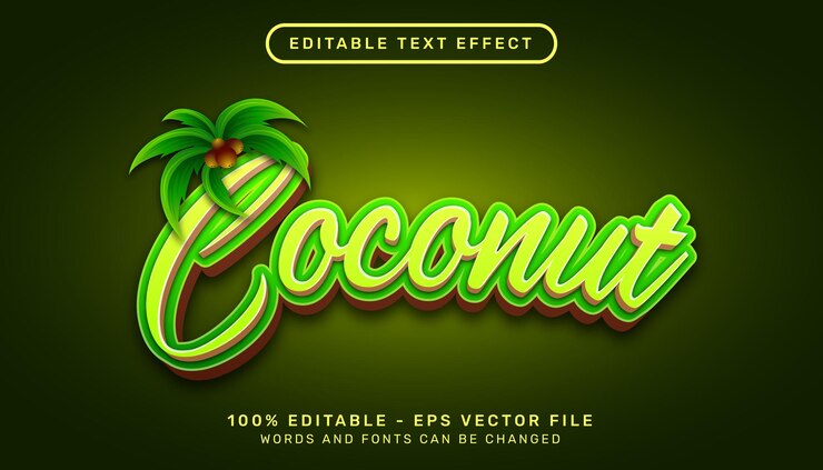 Vector efecto de texto 3d de coco y efecto de texto editable con árbol de coco