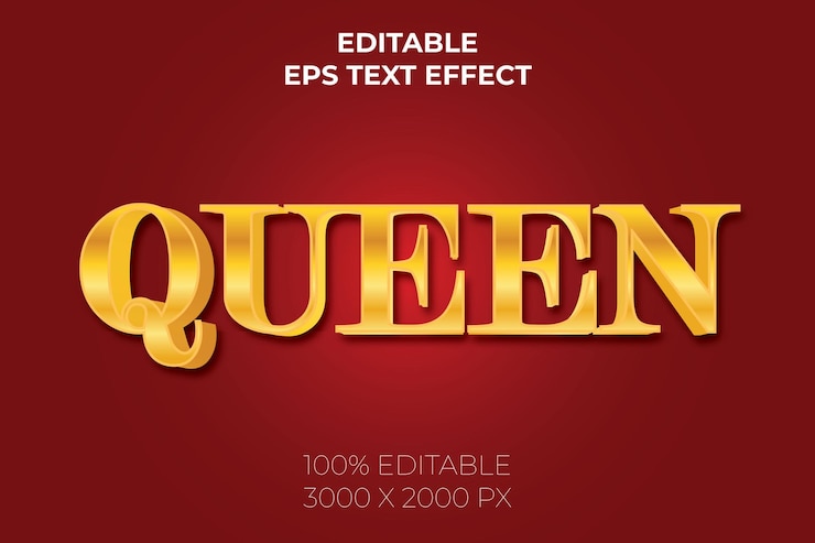 Vector efecto de texto 3d dorado de reina vectorial libre estilo de texto elegante y rico editable