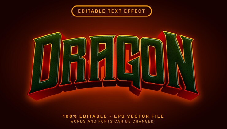 Vector efecto de texto 3d de dragón con textura de luz de fuego
