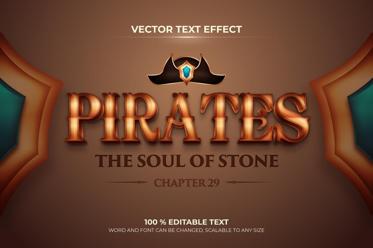 Vector efecto de texto 3d editable de piratas con estilo de fondo marrón