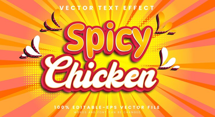 Vector efecto de texto 3d editable de pollo picante adecuado para productos alimenticios