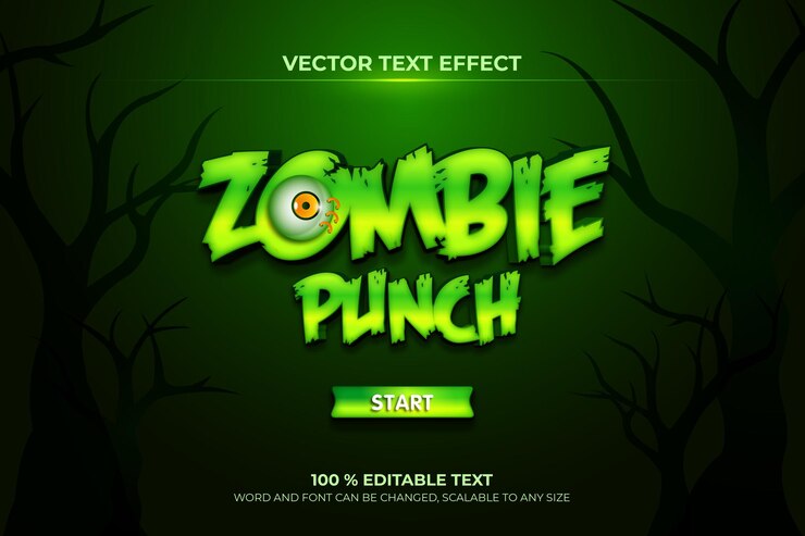 Efecto de texto 3d editable de zombie punch geme con estilo de fondo verde oscuro