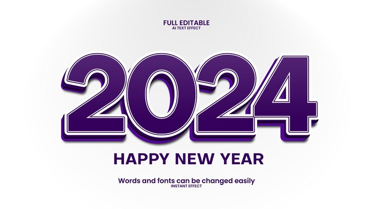 Vector efecto de texto 3d feliz año nuevo 2024