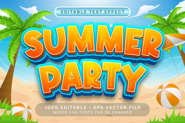 efecto de texto 3d de fiesta de verano y efecto de texto editable con fondo de playa