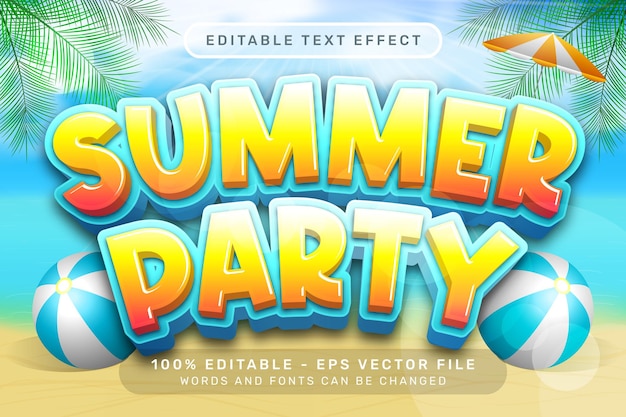 efecto de texto 3d de fiesta de verano y efecto de texto editable con fondo de playa