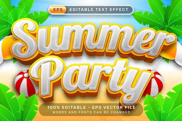 efecto de texto 3d de fiesta de verano y efecto de texto editable con fondo de playa