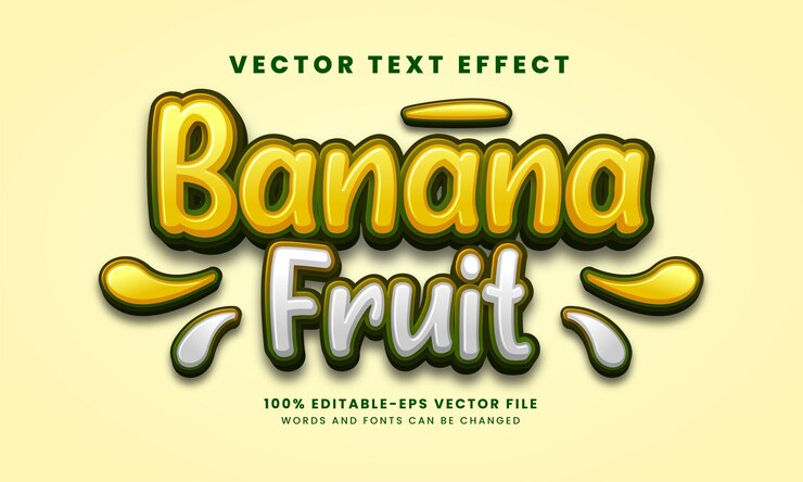 Vector efecto de texto 3d de fruta de plátano. estilo de texto editable, adecuado para las necesidades de productos alimenticios.