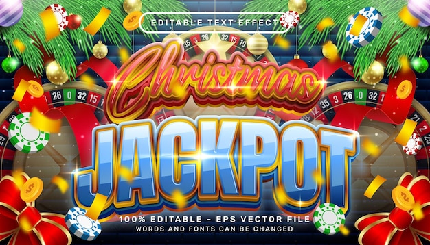 Vector efecto de texto 3d de jackpot navideño y efecto de texto editable con fondo navideño