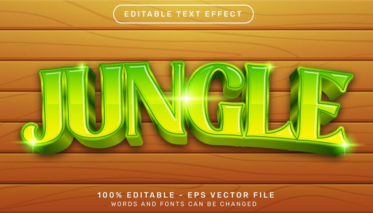Vector efecto de texto en 3d de la jungla y efecto de texto editable con fondo de textura de madera