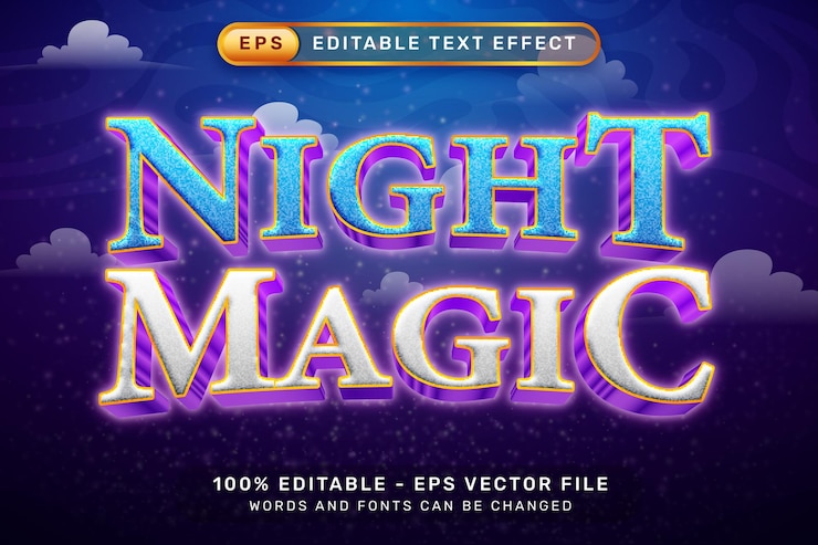 Vector efecto de texto 3d mágico de la noche y efecto de texto editable