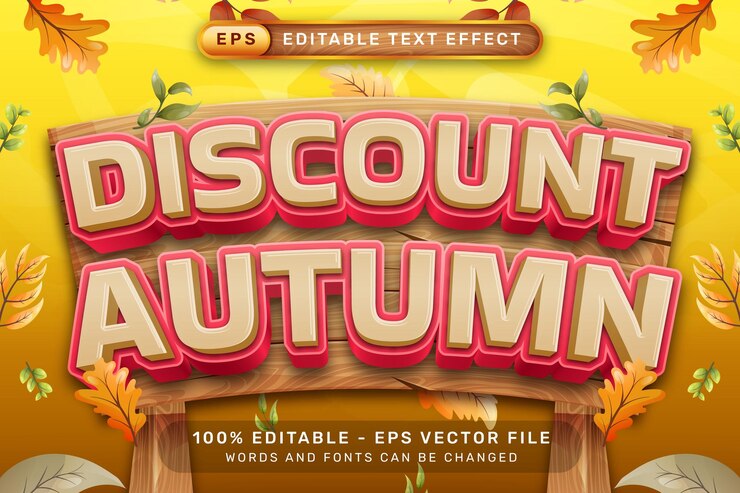 Vector efecto de texto 3d de otoño con descuento y efecto de texto editable con ilustración de otoño de hoja