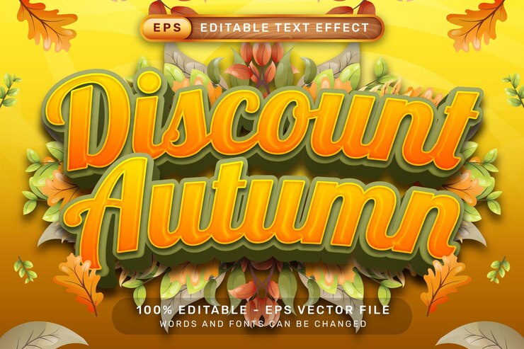 Vector efecto de texto 3d de otoño con descuento y efecto de texto editable con ilustración de otoño de hoja