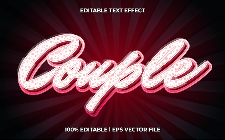 Vector efecto de texto 3d de pareja y uso de estilo 3d de plantilla de texto editable para título romántico