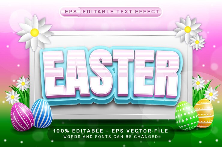 Vector efecto de texto 3d de pascua y efecto de texto editable con ilustraciones de huevos de pascua