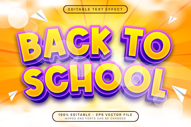efecto de texto 3d de regreso a la escuela y efecto de texto editable con ilustraciones de luz y nubes
