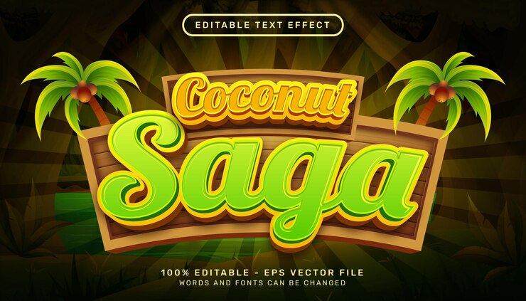 Vector efecto de texto 3d saga de coco y efecto de texto editable con cocotero