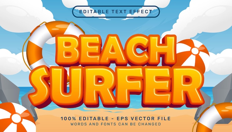 Vector efecto de texto 3d de surfista de playa y efecto de texto editable con ilustración de fondo de playa