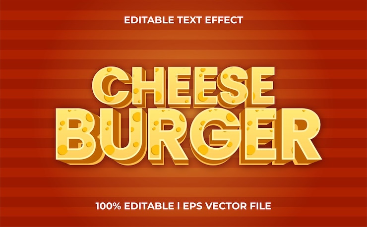 Vector efecto de texto 3d con tipografía de tema de queso para producto de hamburguesa con queso