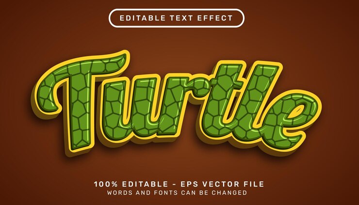 Vector efecto de texto 3d de tortuga y efecto de texto editable con ilustración de hoja