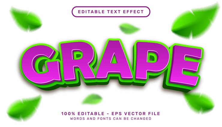 Vector efecto de texto 3d de uva y efecto de texto editable con ilustración de hoja