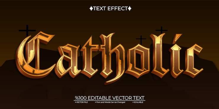 Vector efecto de texto 3d vectorial editable católico de bronce