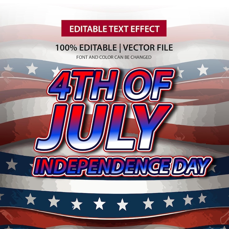 Vector efecto texto 4 de julio día de la independencia con bandera y estrellas