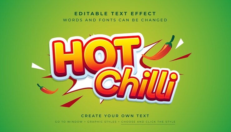 Vector efecto de texto amarillo rojo picante 3d editable estilo gráfico de comida de chile picante vector premium