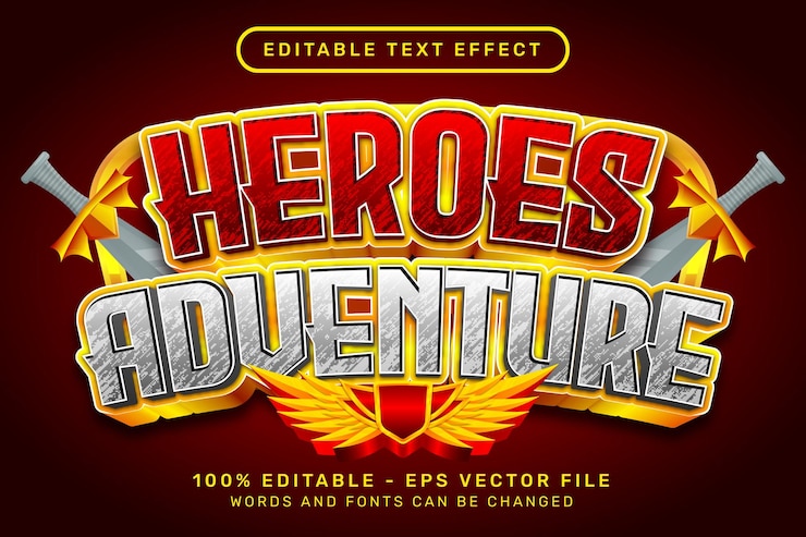 Vector efecto de texto de aventura de héroes y efecto de texto editable con ilustración de alas