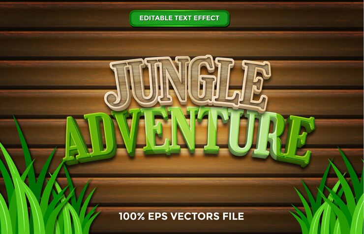 Vector efecto de texto de aventura en la selva, dibujos animados editables y estilo de texto de bosque vector premium
