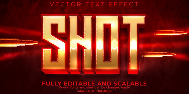 Vector efecto de texto de bala de disparo, estilo de texto de pistola editable y ejército