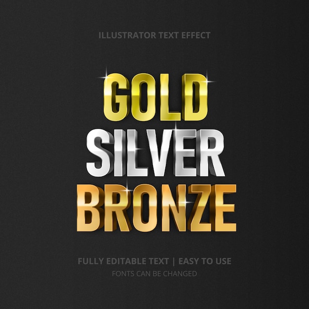Efecto de texto brillante dorado plateado bronce editable