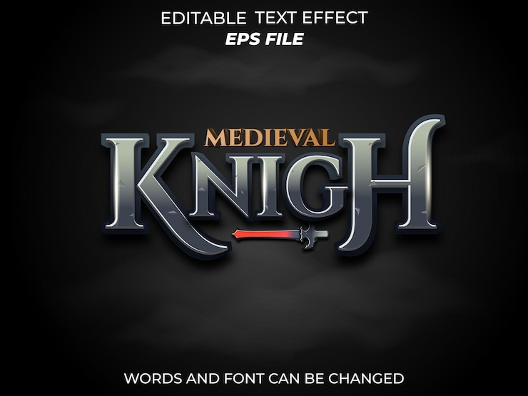 Vector efecto de texto de caballero medieval fuente tipografía editable texto 3d para fantasía medieval y juegos de rpg plantilla vectorial