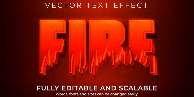 Efecto de texto caliente de fuego, llama editable y estilo de texto rojo