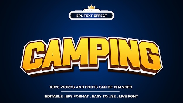 Efecto de texto camping estilo de vacaciones 3d editable