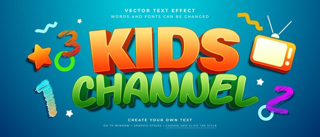 Efecto de texto del canal Colorful Kids con elementos de dibujos animados lúdicos