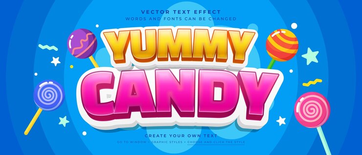 Vector efecto de texto de caramelo delicioso en fondo azul abstracto título de título estilo gráfico vectorial