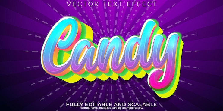 Vector efecto de texto de caramelo estilo de texto dulce y arcoíris editable