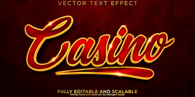 Vector efecto de texto de casino estilo de texto real y vegas editable