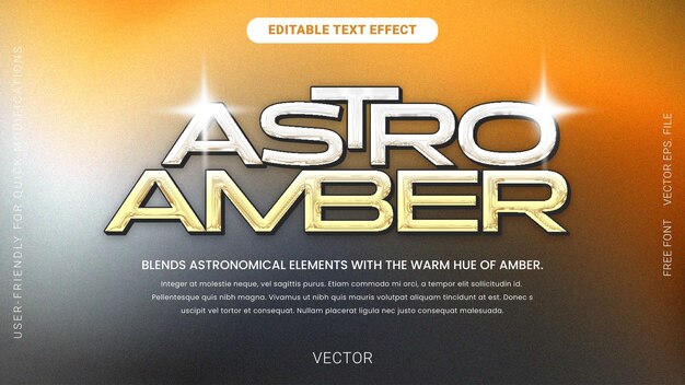 Efecto de texto Chrome editable premium con borrón granulado gris naranja fondo vectorial astro ámbar metal
