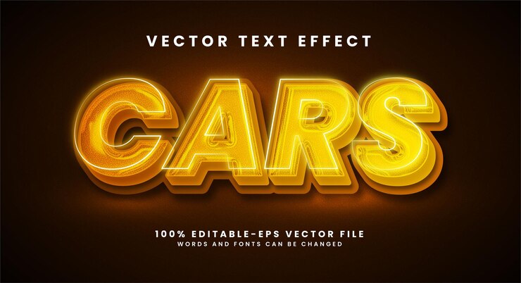 Vector efecto de texto de coches 3d. efecto de estilo de texto editable con tema de luz resplandeciente.