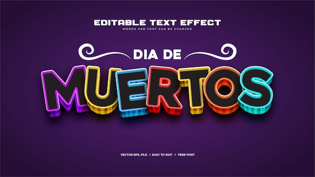 Vector efecto de texto colorido 3d de dia de muertos