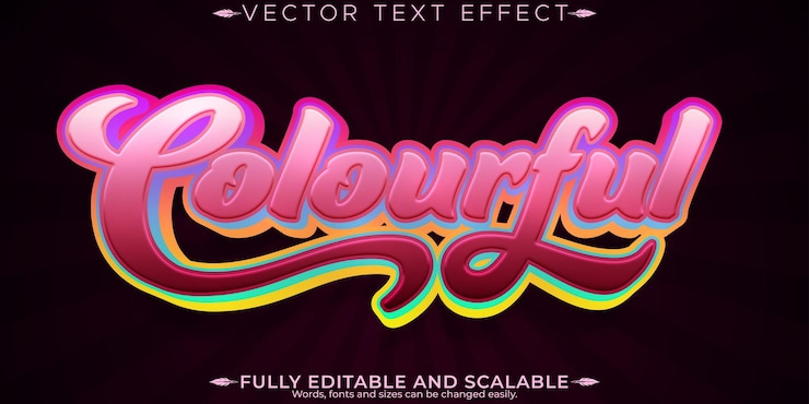 Vector efecto de texto colorido del arco iris estilo de texto vintage y script editable