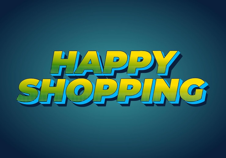 Vector efecto de texto de compras felices con estilo 3d y colores modernos
