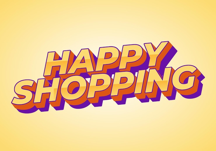 Vector efecto de texto de compras felices con estilo 3d y colores modernos
