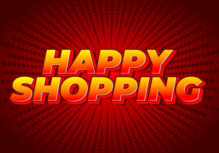 Vector efecto de texto de compras felices con estilo 3d y colores modernos