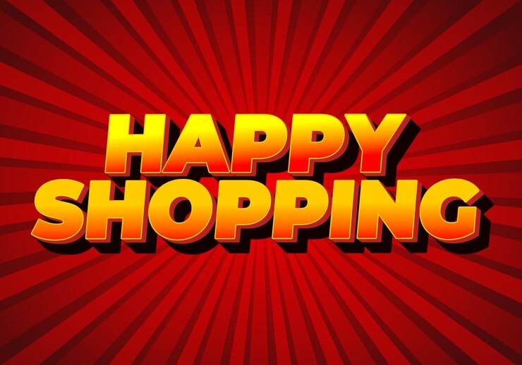 Vector efecto de texto de compras felices con estilo 3d y colores modernos