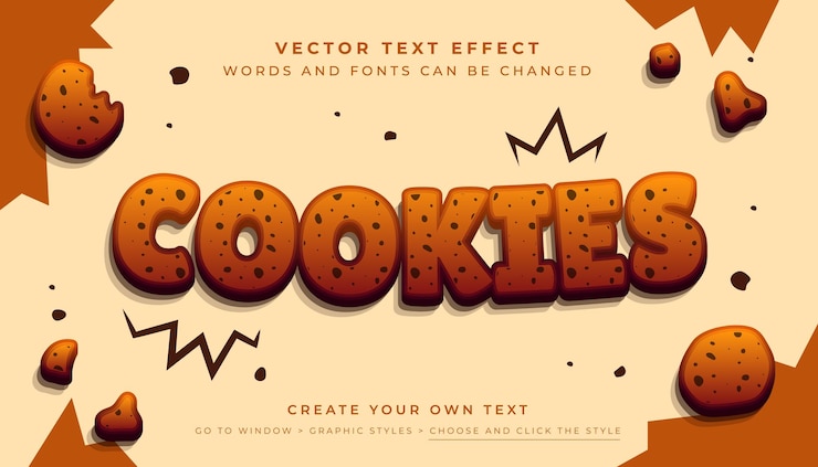Vector efecto de texto de cookies 3d editables por vectores estilo gráfico de tipografía de chocolate sobre fondo abstracto