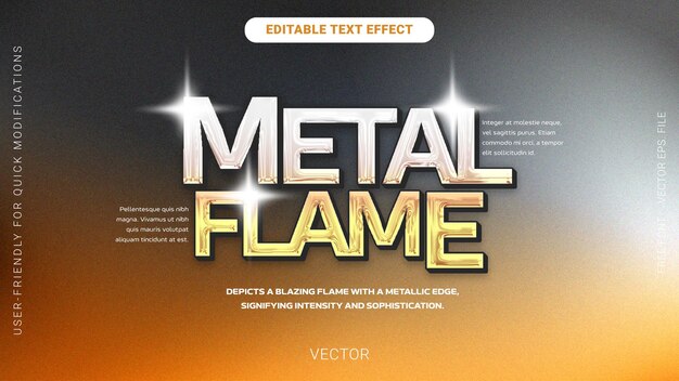 Efecto de texto de cromo de llama de metal con diseño de gradiente metálico de oro y plata ardiente