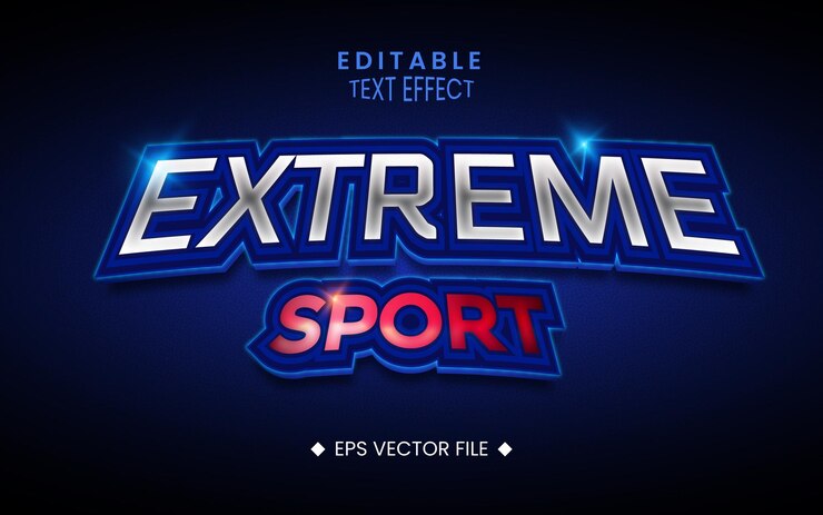 Vector efecto de texto de deporte extremo editable estilo 3d con color azul plateado y rojo